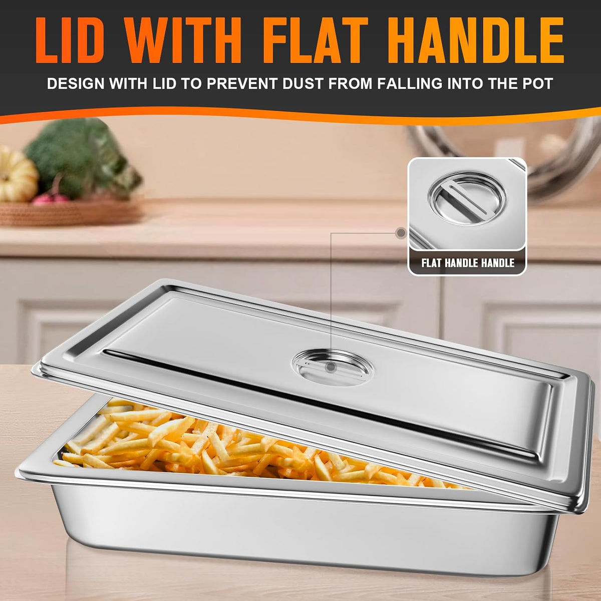 Hotel Pan, Full Size Steam Table Pan 2.5" Deep Stainless Steel With Lid 20.8" L x 13" W Anti-Jam Buffet Commercial (4