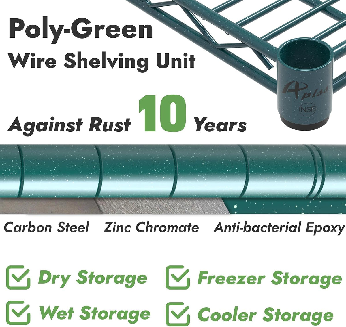 NSF 4-Tier Green-Epoxy Storage Shelves, 18"x60"x63", Moist&Dry Environments, Commercial Heavy Duty Steel Wire