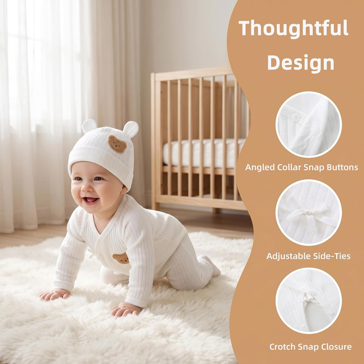 Baby Boy Romper with Hat 100% Cotton Girl Cute Bear Ribbed Long Sleeve Bodysuit