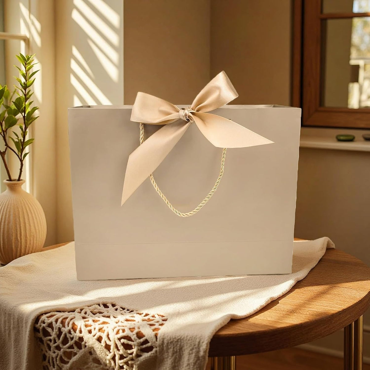 12 Pack Medium Champagne Gift Bags with Handles & Bow
