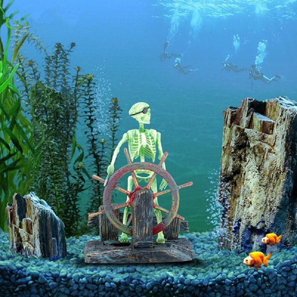 Aquarium Decor Ornament Air-Driven Active Skeleton Pirate Captain for Fish Tank Decoration