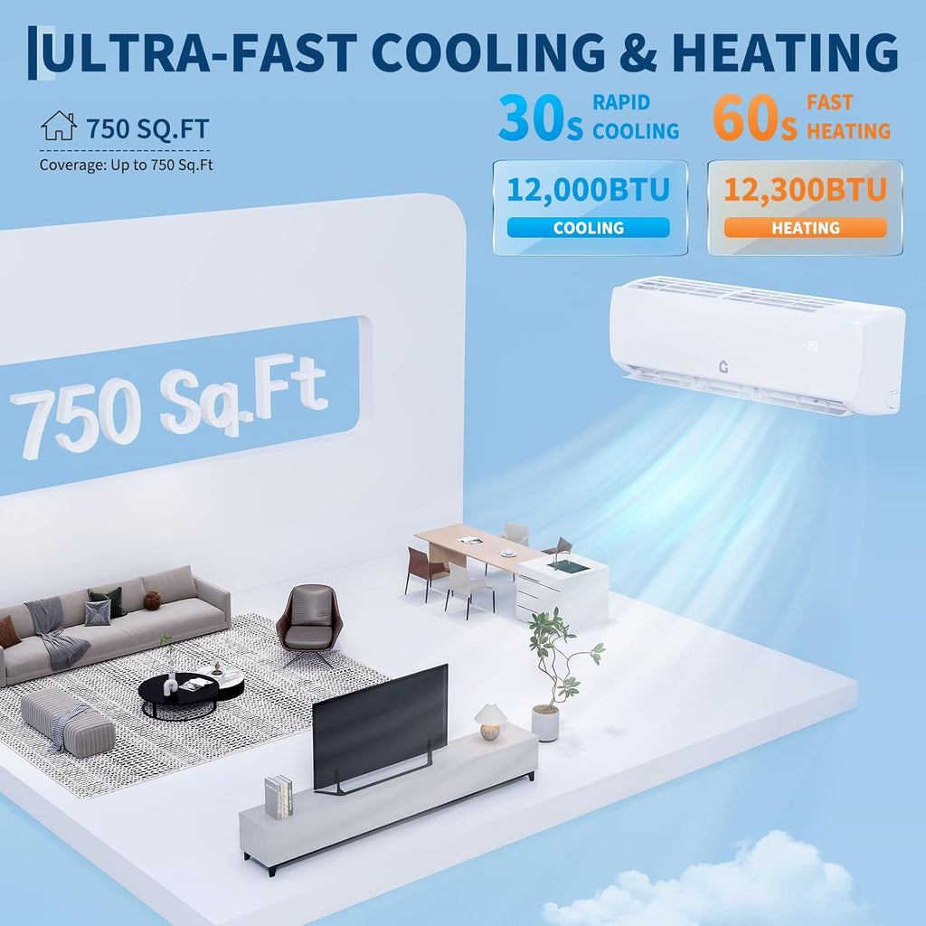 Ductless Mini Split Heat Pump 12000 BTU, 19 SEER2 Inverter Wall AC 230V | Quiet Operation, Cools & Heats Spaces Up to