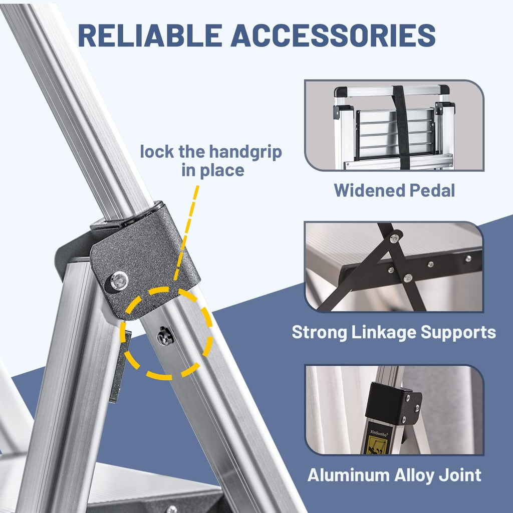 4 Step Ladder, Retractable Handgrip Folding Step Stool with Anti-Slip Wide Pedal, Aluminum Stool Ladders 4 Steps