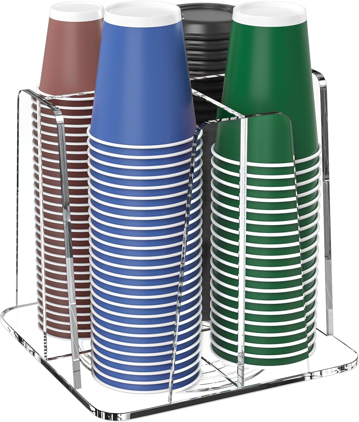 Coffee Cup Organizer for Countertop - Rotating Plastic Cup Holder 4 Compartments Clear Acrylic Cup and Lid Holder for
