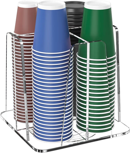 Coffee Cup Organizer for Countertop - Rotating Plastic Cup Holder 4 Compartments Clear Acrylic Cup and Lid Holder for