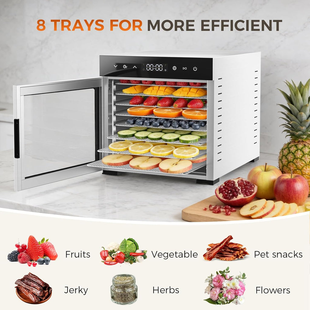 Food Dehydrator Machine, 500W Jerky Dehydrators with 8 Stainless Steel Large Trays, 185°F Temperature Control & 24H