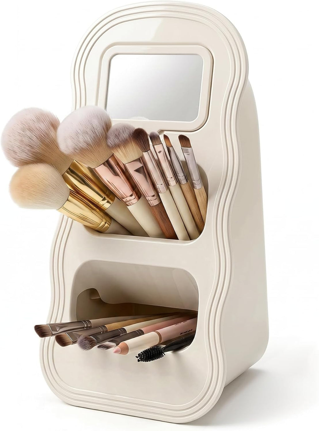 Makeup Brush Holder with Mirror, Wavy Vanity Cosmetic Organizer
