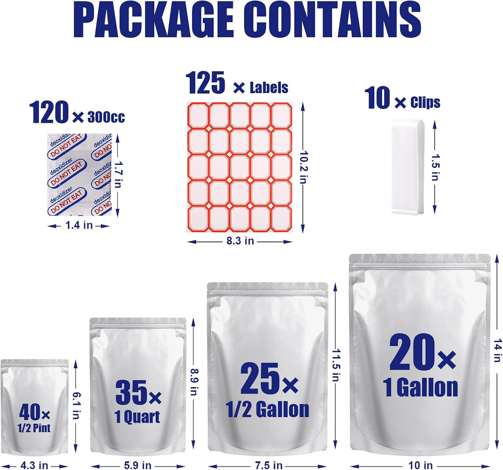 Lebodu 120 Mylar Bags with 120 x 300cc Oxygen Absorbers for Food Storage | 8 Mil, 4 Sizes (10"x14", 7.5"x11.5"