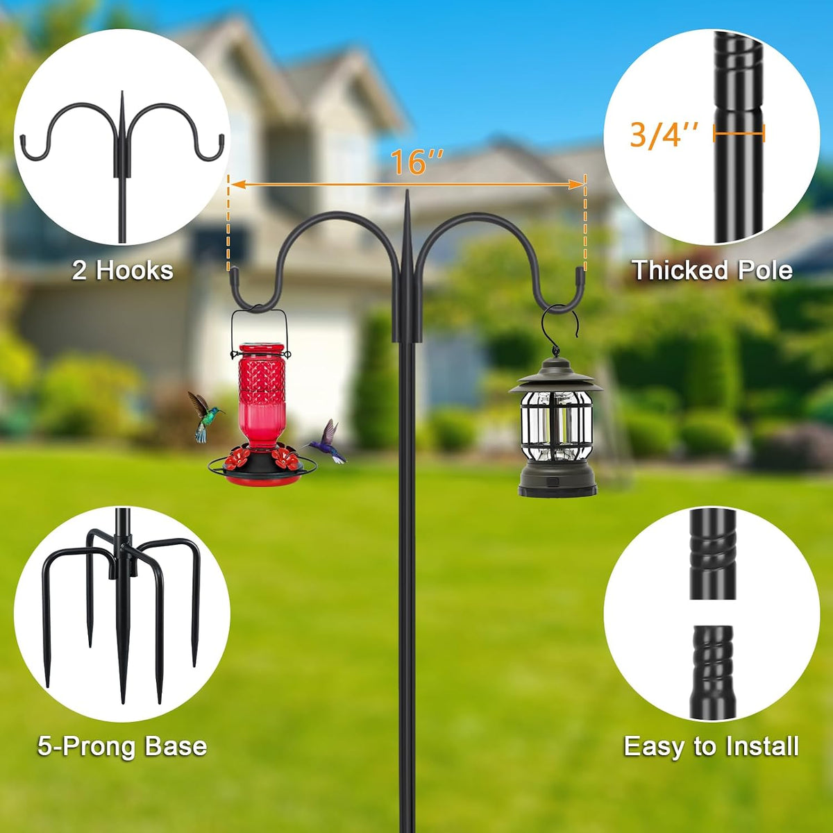 Heavy Duty Shepherds Hook 76" Double Hooks Adjustable (44/60/76") - Alloy Steel 5-Prong Base, 17lb Capacity - Easy