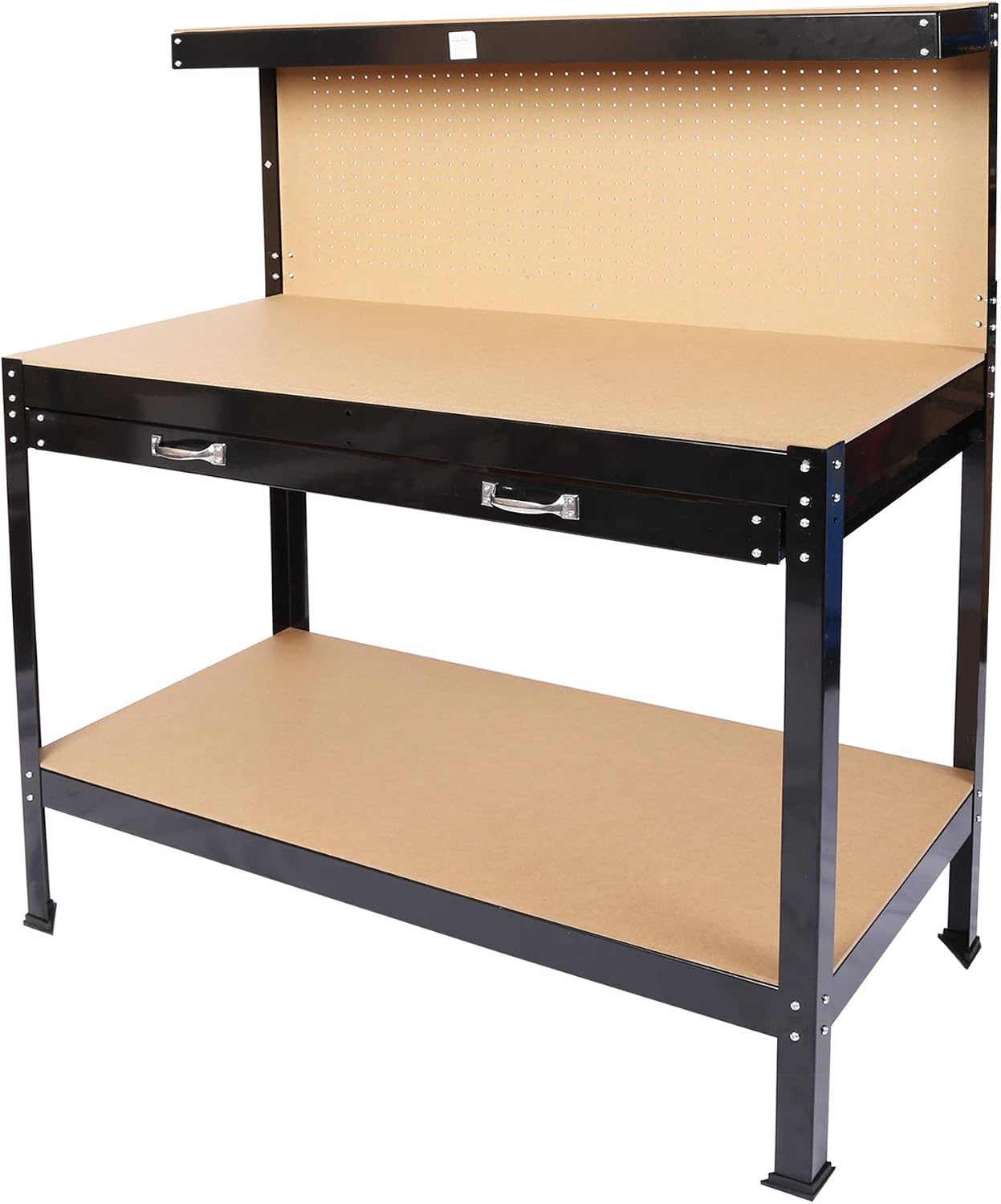 45" Heavy-Duty Steel Workbench with Pegboard & Storage Drawer | Garage Workshop Table with Bottom Shelf | Tool