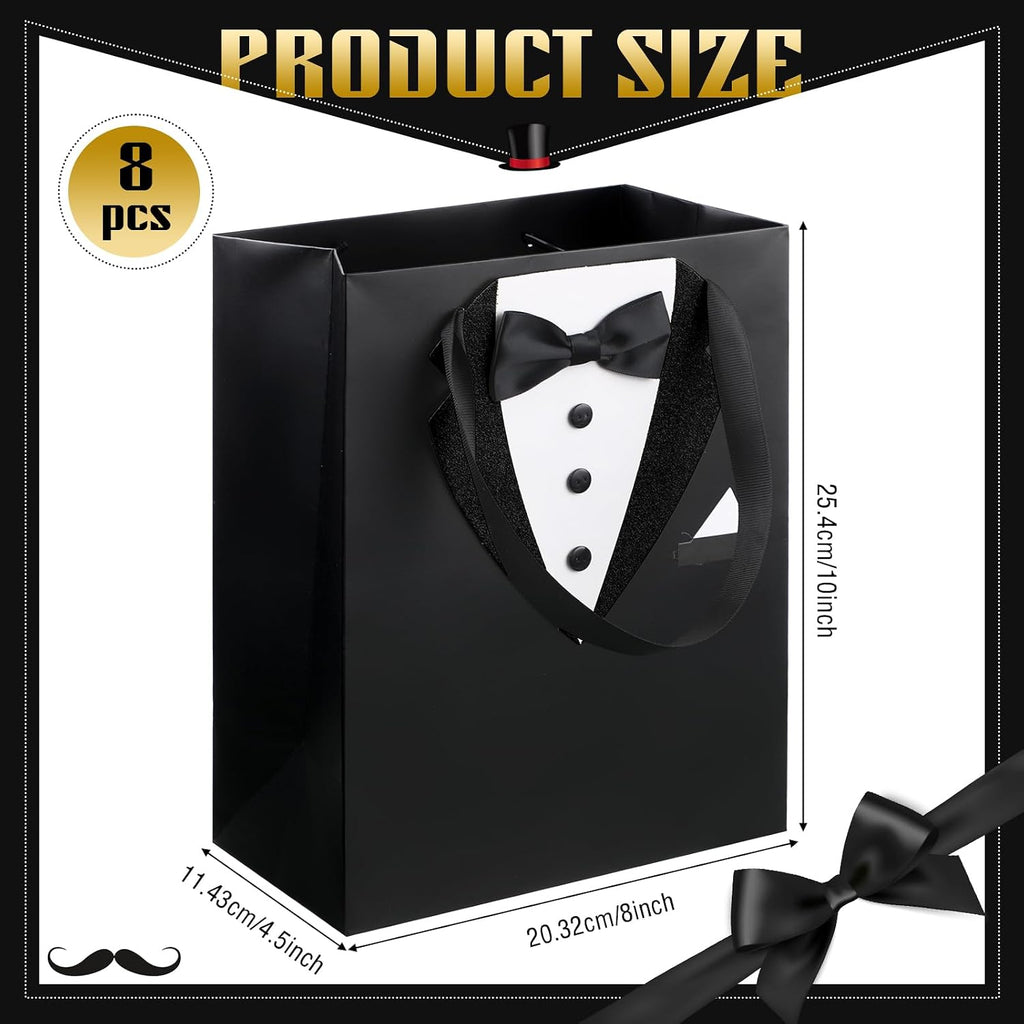 8 Pcs Groomsmen Gift Bags with 3D Tuxedo Design 8 x 4.5 x 10 Inch with Handle Groomsmen Paper Gift Bags for Wedding