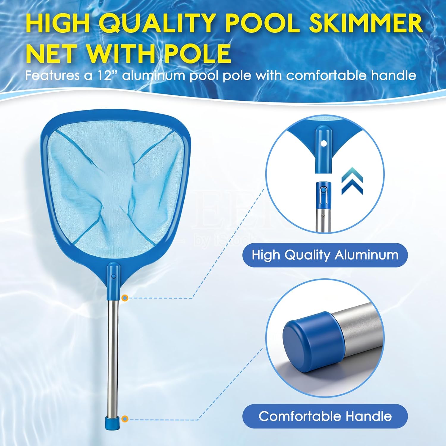 Hot Tub Pool Skimmer Spa Net with 12'' Aluminum Pole 11" x25" Blue Mesh, 6-Inch Deep for Small Above Ground Pools