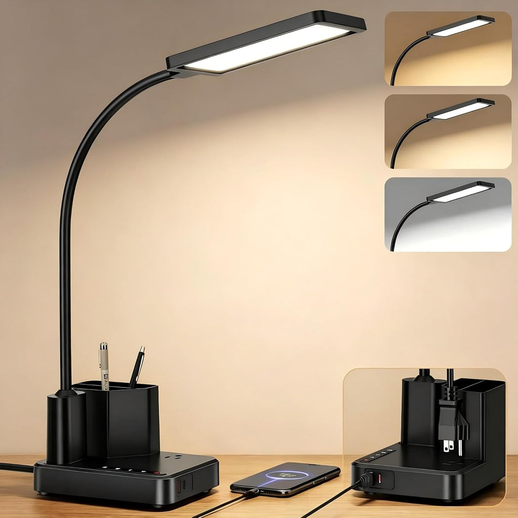 LED Desk Lamp for Dorm USB A/C Charger Pen Holder 3 Light Modes Black | 3 Color Modes, 3 Brightness, 360° Gooseneck