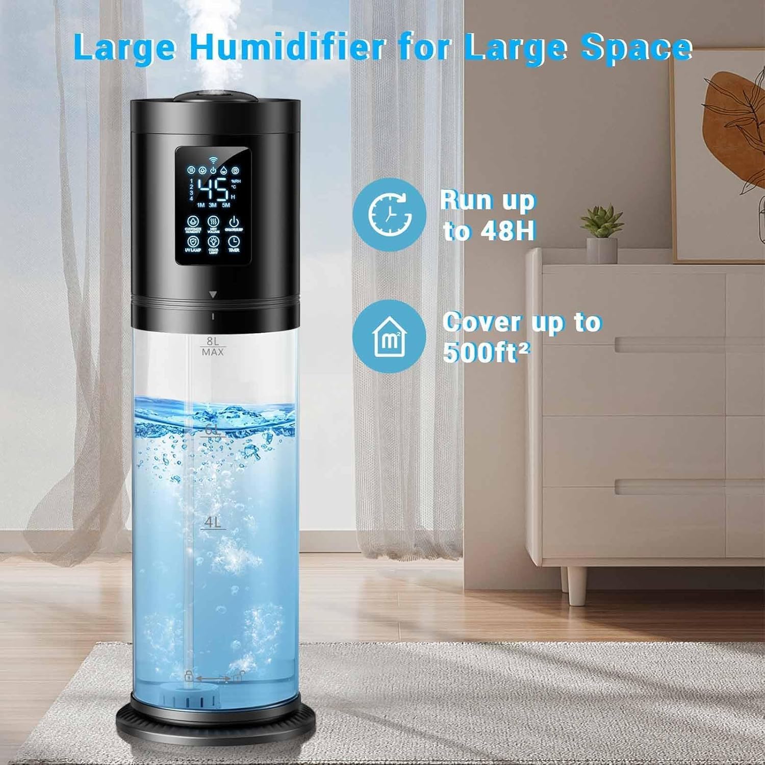 Humidifiers for Bedroom Large Room, 4 Levels Cool Mist Humidifier with Clear Tank, 7 Color Lights Essential Oil