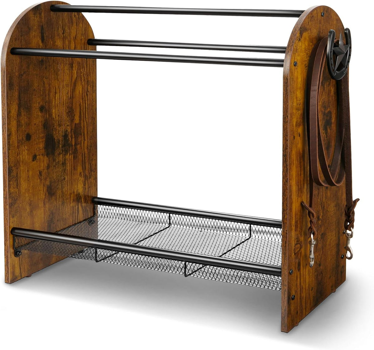 Saddle Rack Stand, Freestanding Horse Saddle Holder with Mesh Shelf, Hooks