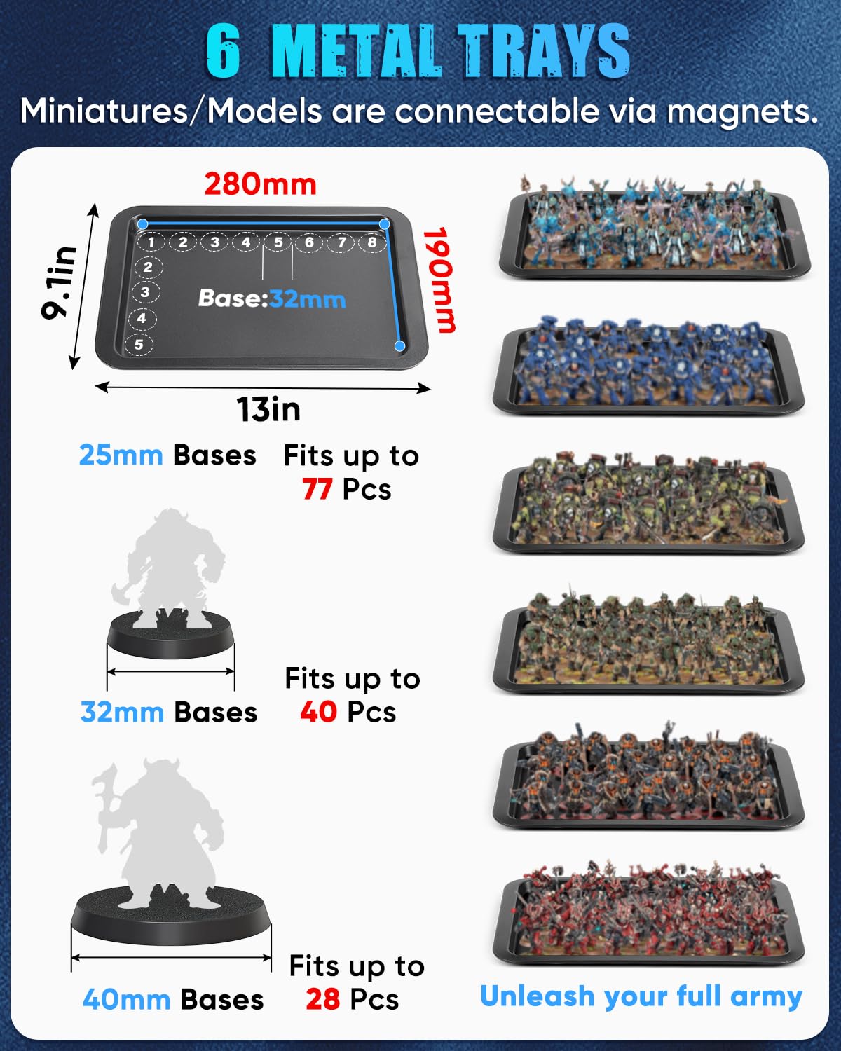 Miniature Carrying Case with 6 Metal Trays (Black, Large Size)