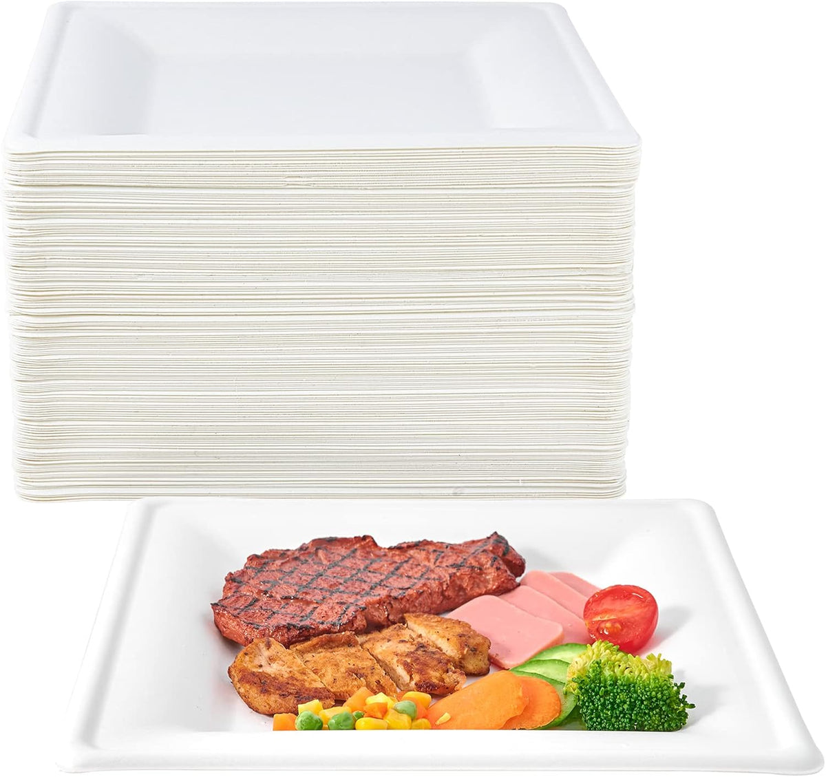 150 Piecs Compostable Square Paper Plates, 10 inch, White