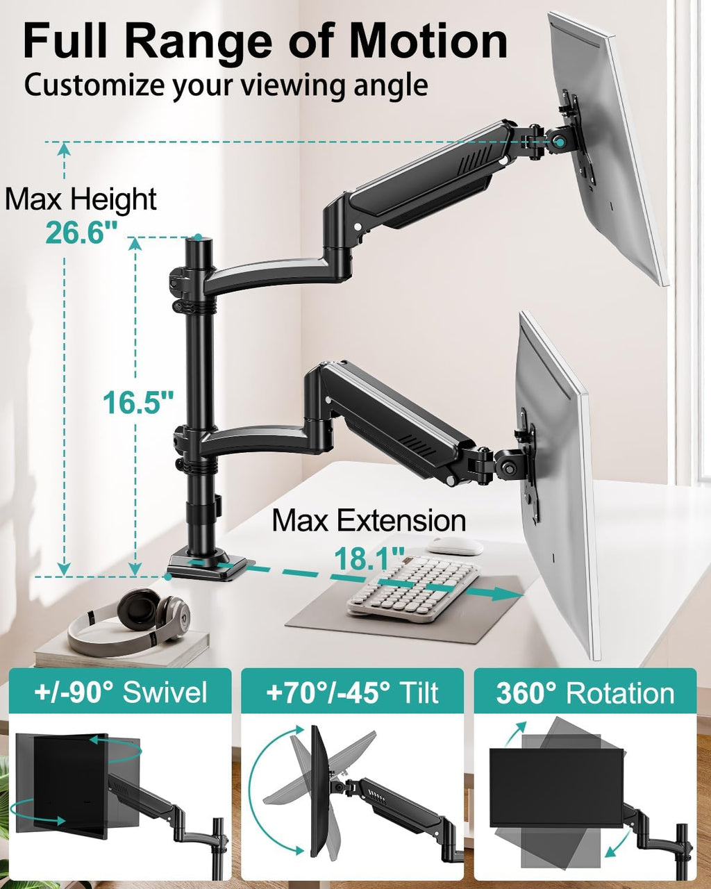 Dual Monitor Stand for 2 Screens up to 32 inch, Vertical Stacked Dual Monitor Mount, Full Motion Adjustable Tall