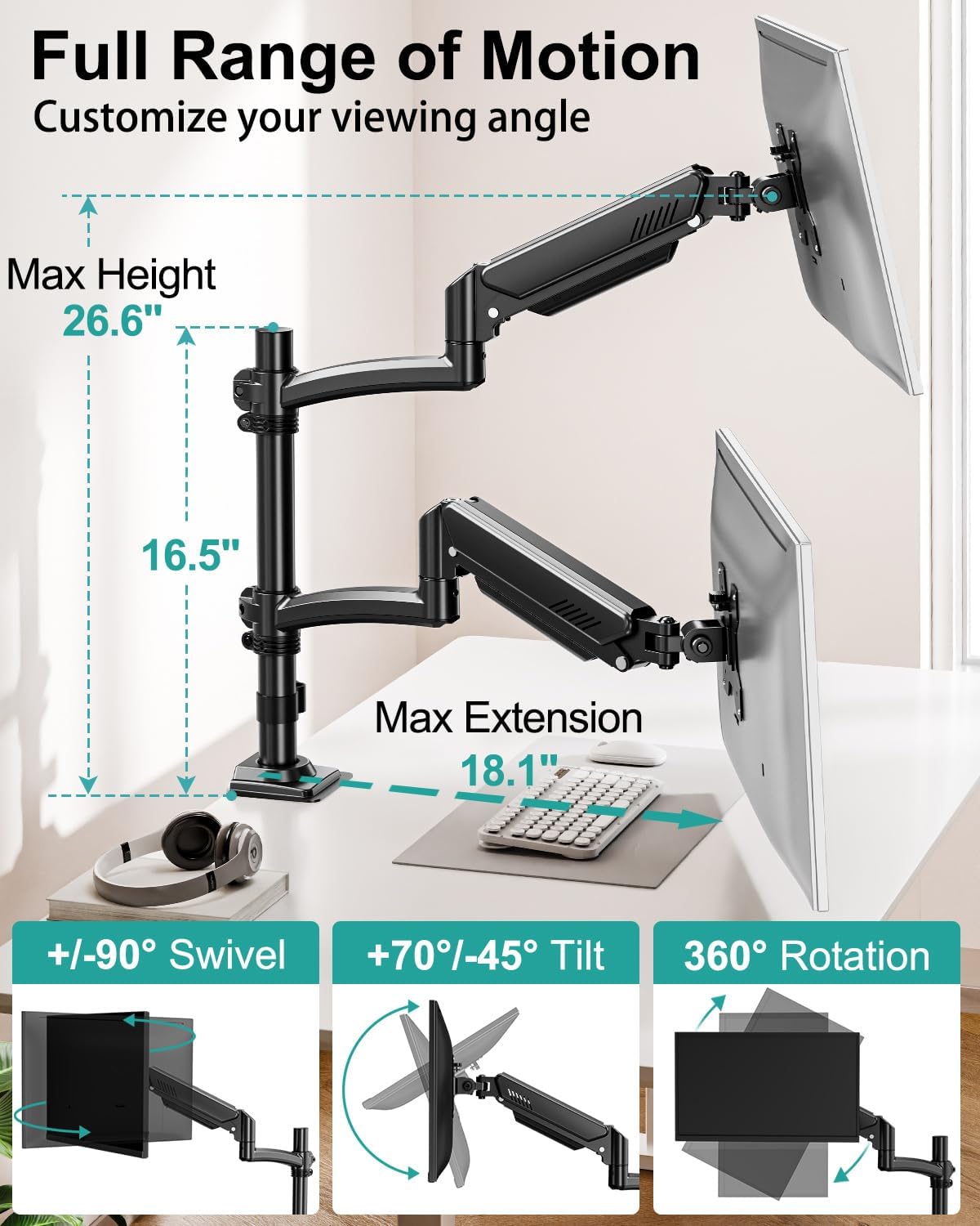 Dual Monitor Stand for 2 Screens up to 32 inch, Vertical Stacked Dual Monitor Mount, Full Motion Adjustable Tall