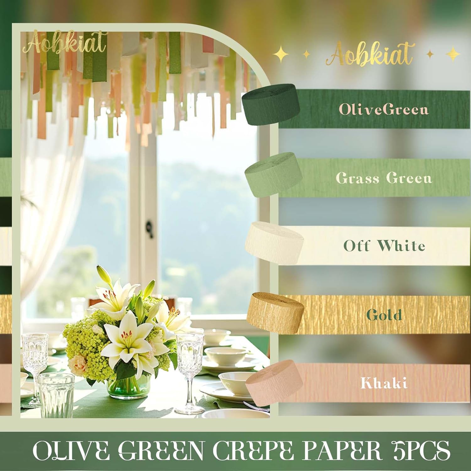 Wedding Party Decorations, 5 Rolls Olive Green Khaki Crepe Paper Streamers for Green Boho Wedding, Birthday