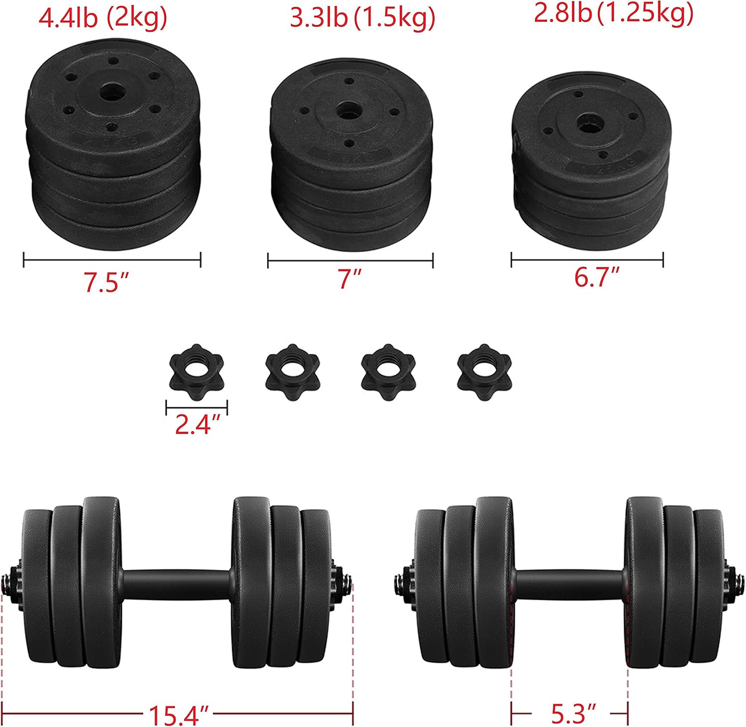Adjustable Dumbbell Set Free Weights with Spinlock Collars, Black | Concrete-filled plastic plates, iron bar