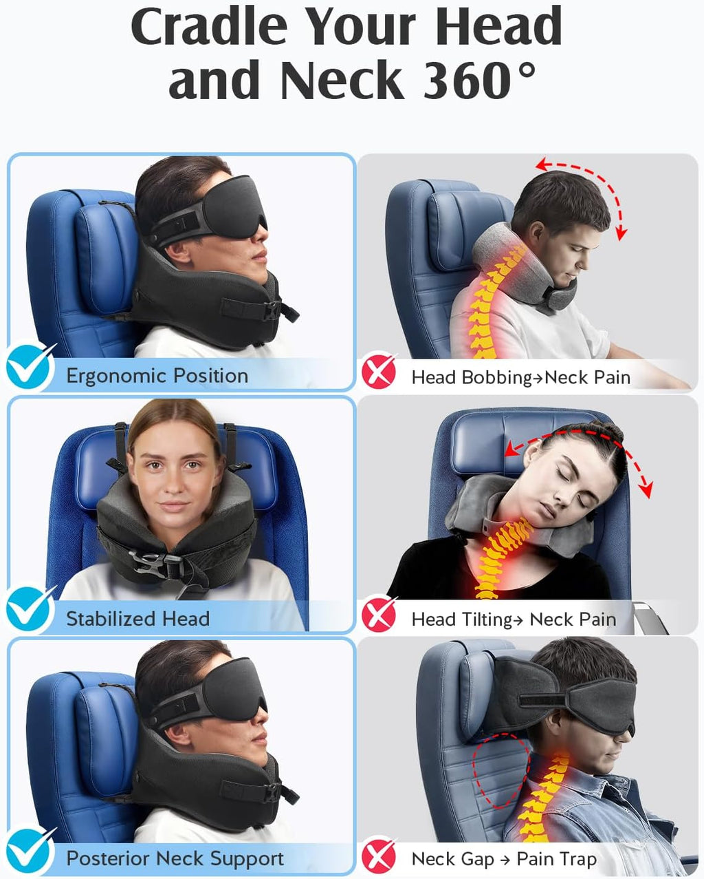 Travel Pillow for Long Flight Airplane, Head Strap Combo with 3D Contoured Sleep Eye Mask, Neck Pillow for Travel