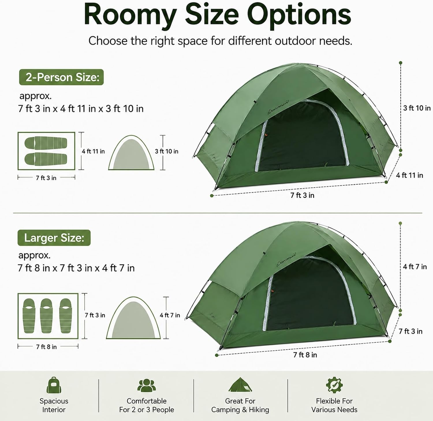 Green Camping Tent for 2 to 3 Person, Portable Outdoor Tent with Carry Bag, Reinforced Sealed Corners for Camping