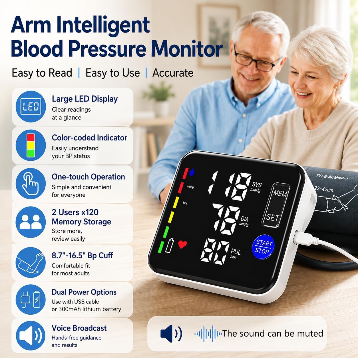 Blood Pressure Monitor Rechargeable Upper Arm, Large Screen, Black | Clinically Accurate, Adjustable 8.7"-16.5" BP