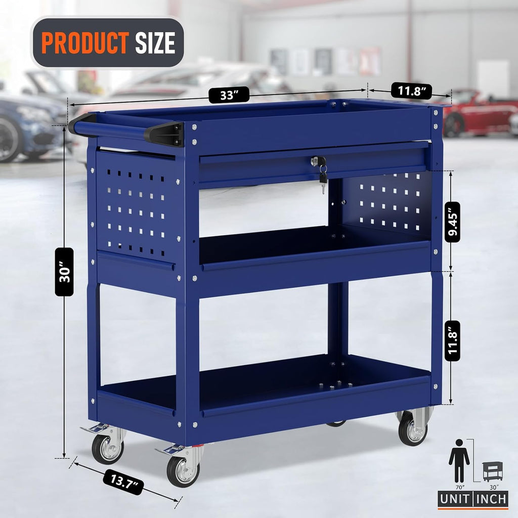 3 Tier Rolling Tool Cart with Drawers 400 LBS, Blue | Heavy Duty, Wheels for Mobility, Garage & Warehouse Use