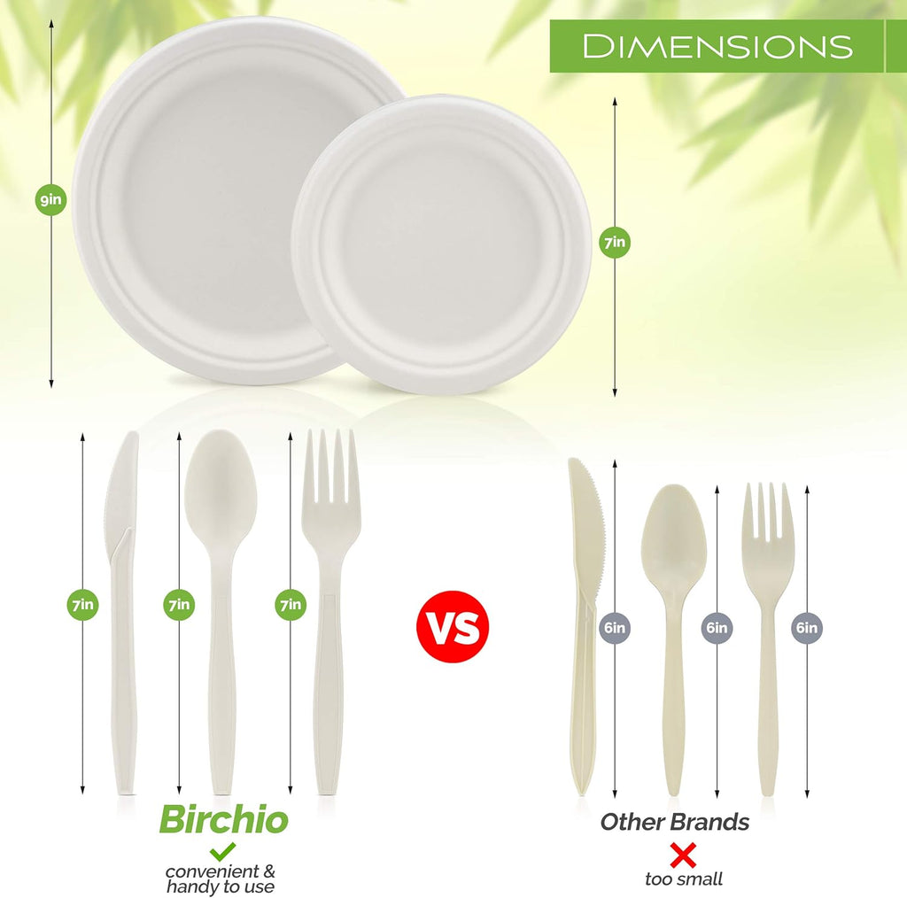 250 Piece Biodegradable Paper Plates Set (EXTRA LONG UTENSILS), Disposable Dinnerware Set, Eco Friendly Compostable