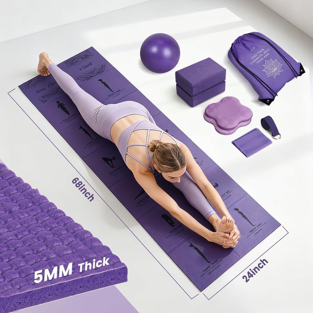 Foldable Yoga Mat and Blocks Set for Women with 2 Pack Yoga Blocks and Strap,Thin Non Slip Pilates Mat with Bag, Home
