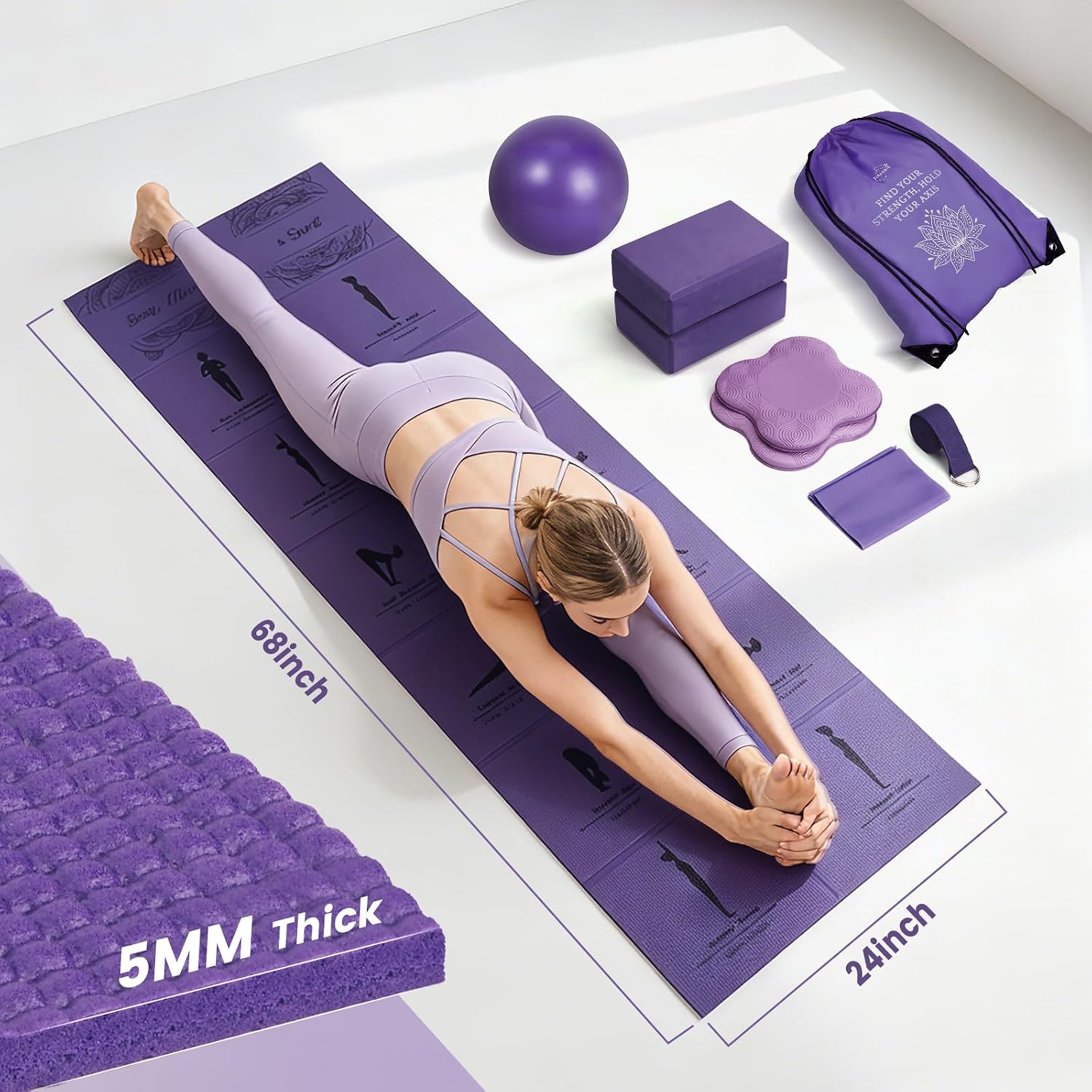 Foldable Yoga Mat and Blocks Set for Women with 2 Pack Yoga Blocks and Strap,Thin Non Slip Pilates Mat with Bag, Home