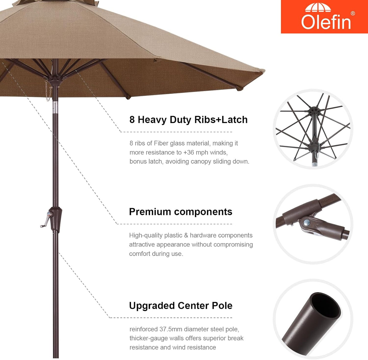 9ft Olefin 5-Year-Non-Fading Patio Umbrella Khaki