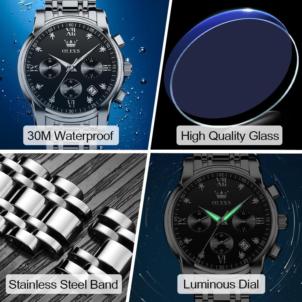 Men's Stainless Steel Chronograph Watch, Big Face Gold Silver Black Tone Easy to Read Analog Quartz Watch, Luxury