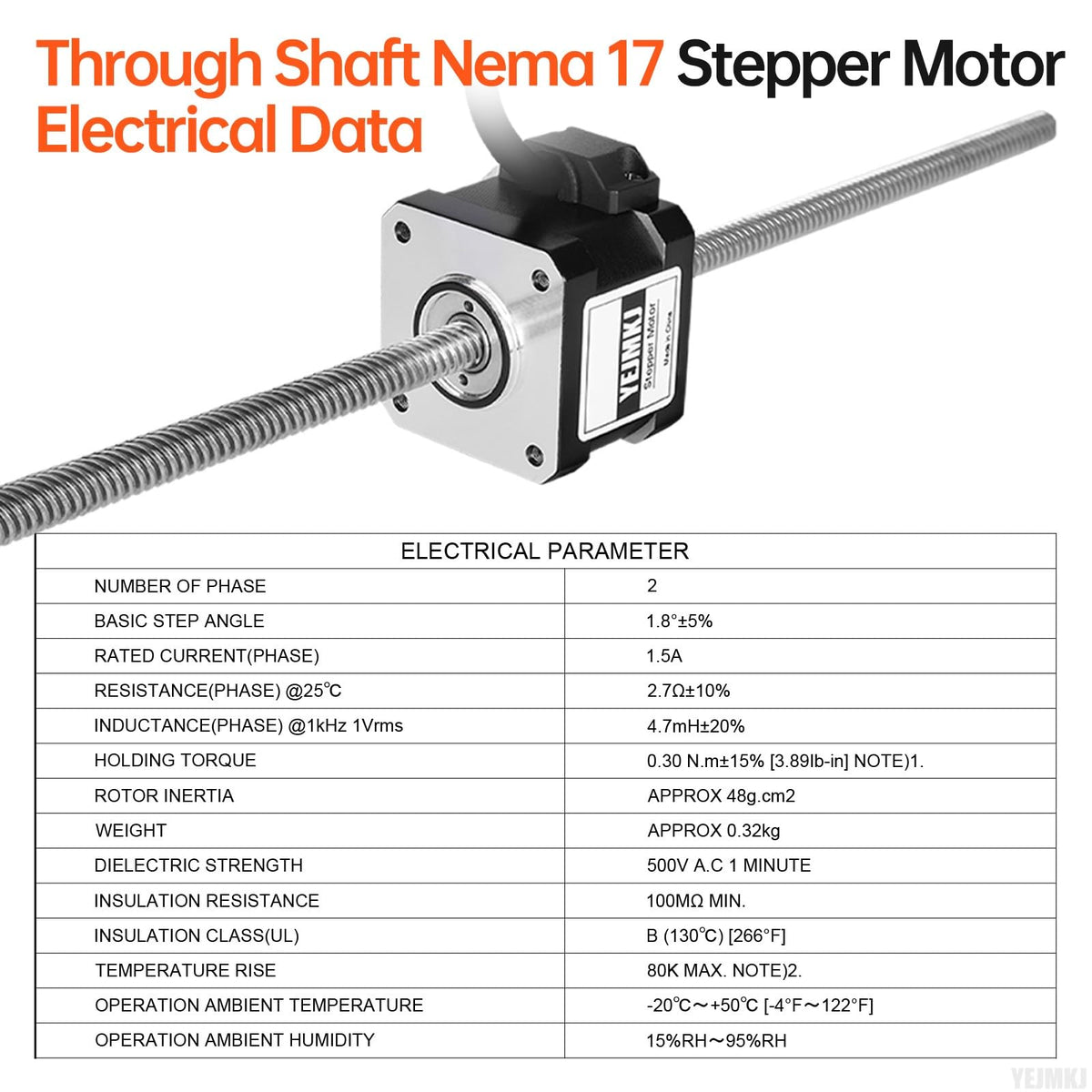 YEJMKJ Through Shaft Nema 17 Stepper Motor TR8x8 300mm 42x34mm 0.3Nm 1.5A