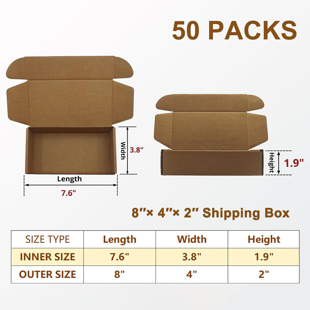 8 x4 x2 inches Corrugated Shipping Boxes, Brown Cardboard Mailers, 50 Pack