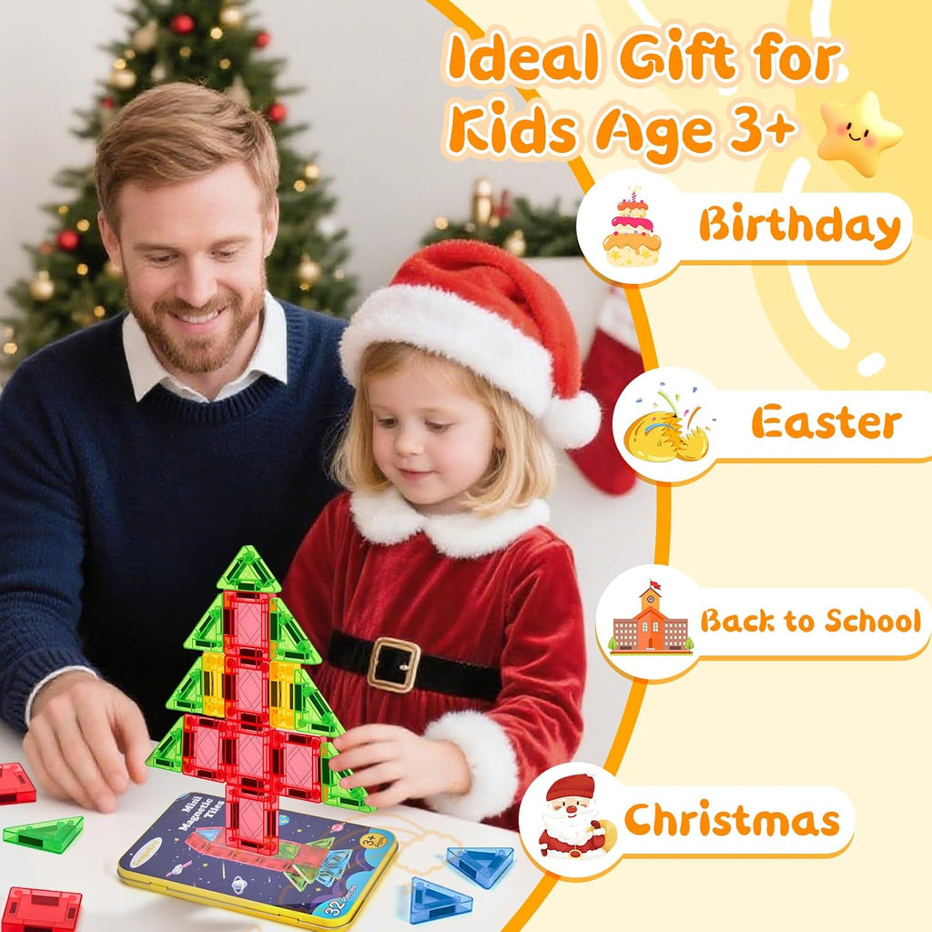 Magnetic Tiles Magnetic Blocks Building Toy: Portable Mini Magnetic Tiles Travel Set 32 Pieces Montessori Toys