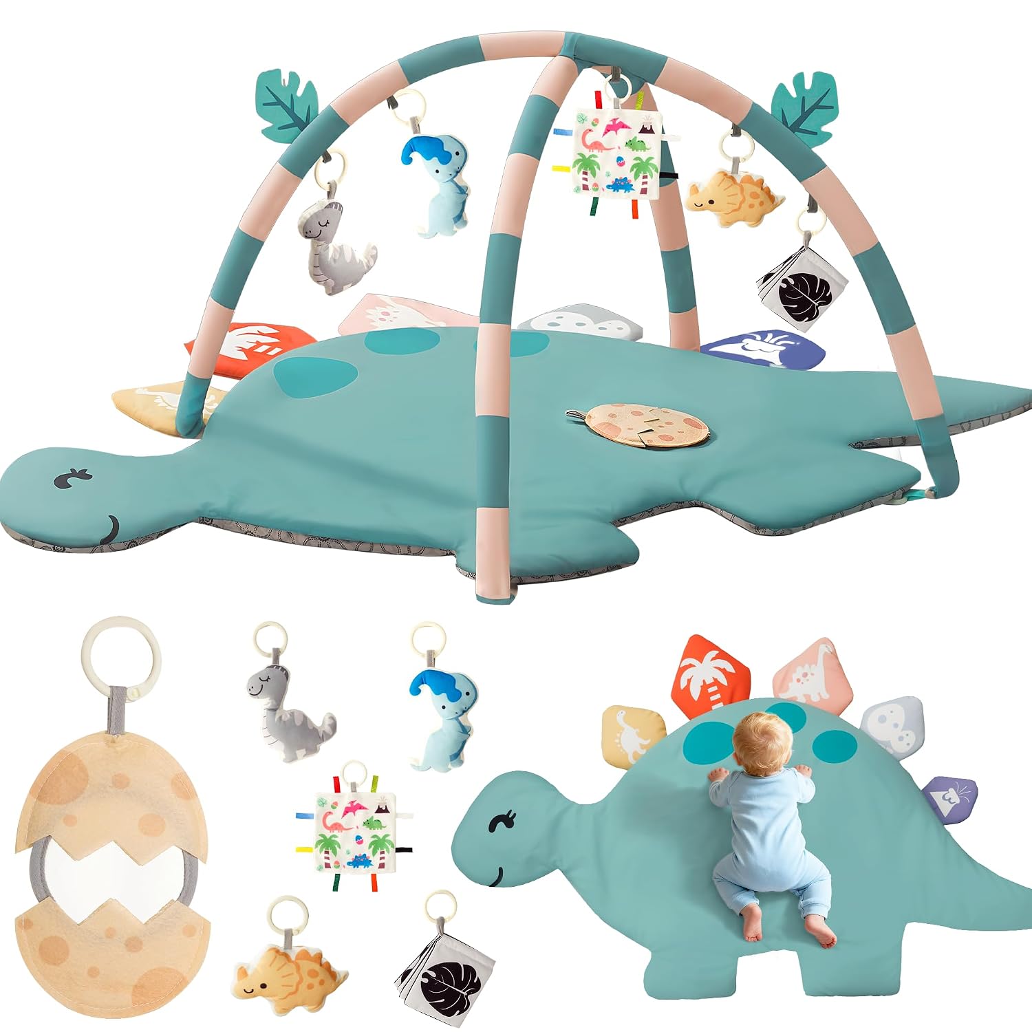 Baby Tummy Time Mat, Oversize Dinosaur Shaped Baby Play Gym Mat with 6 Toys, Play Mat for Babies 0-6-12 Months