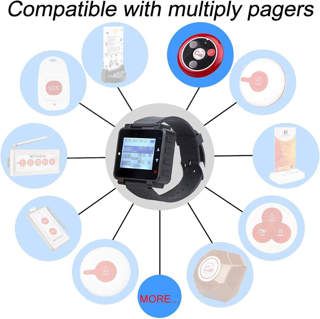 T128 Wireless Calling System,Restaurant Paging System,Wrist Pager,Rechargeable Battery,2Receiver,15 Call Button for