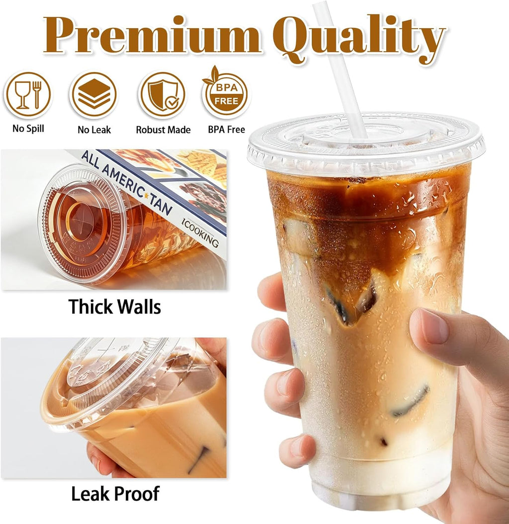 100 Pack 24 oz Clear Plastic Cups with Lids and Straws Disposable