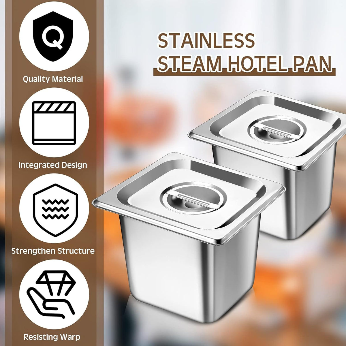 4 Pack 1/6 Size Hotel Steam Table Pans with Lids, 6 Inch Deep