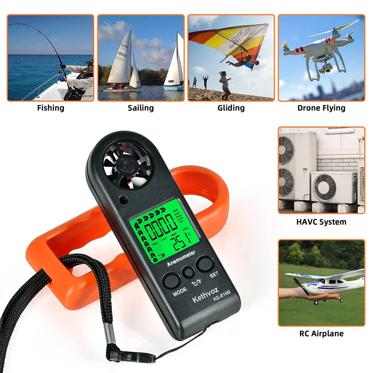 Anemometer Handheld Wind Meter 65mph, Kethvoz Mini Air Velocity Gauge 816B
