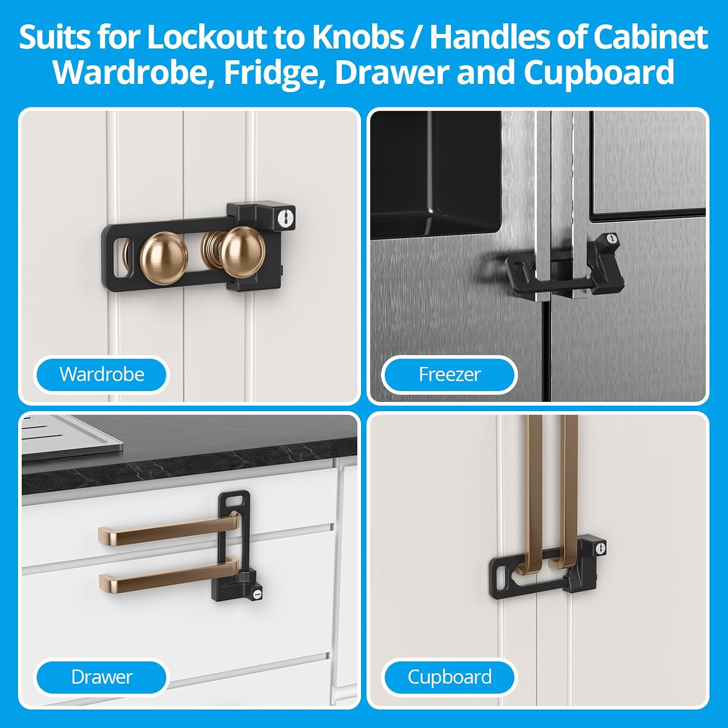 Cabinet Lock, 2 Metal Locks 4 Keys, Keyed Alike, Adjustable, Short Ver | Adjustable Childproof Cabinet Latch to