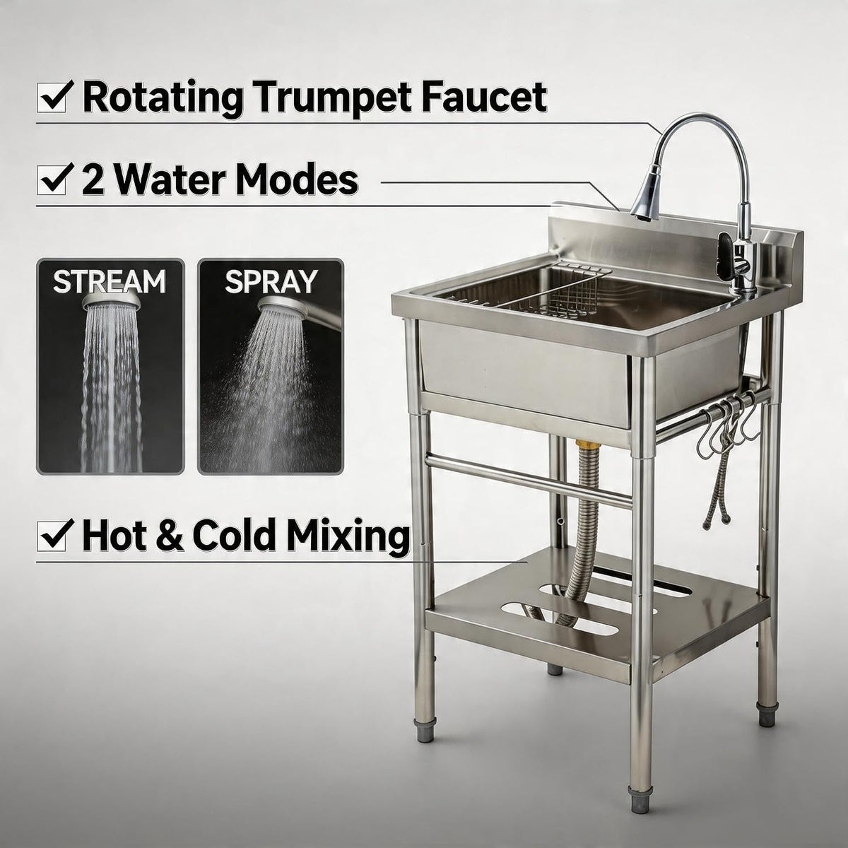 Stainless Steel Utility Sink, 22'' × 20'' × 39'' Freestanding Stainless Steel Single Bowl Laundry Sink with swivel