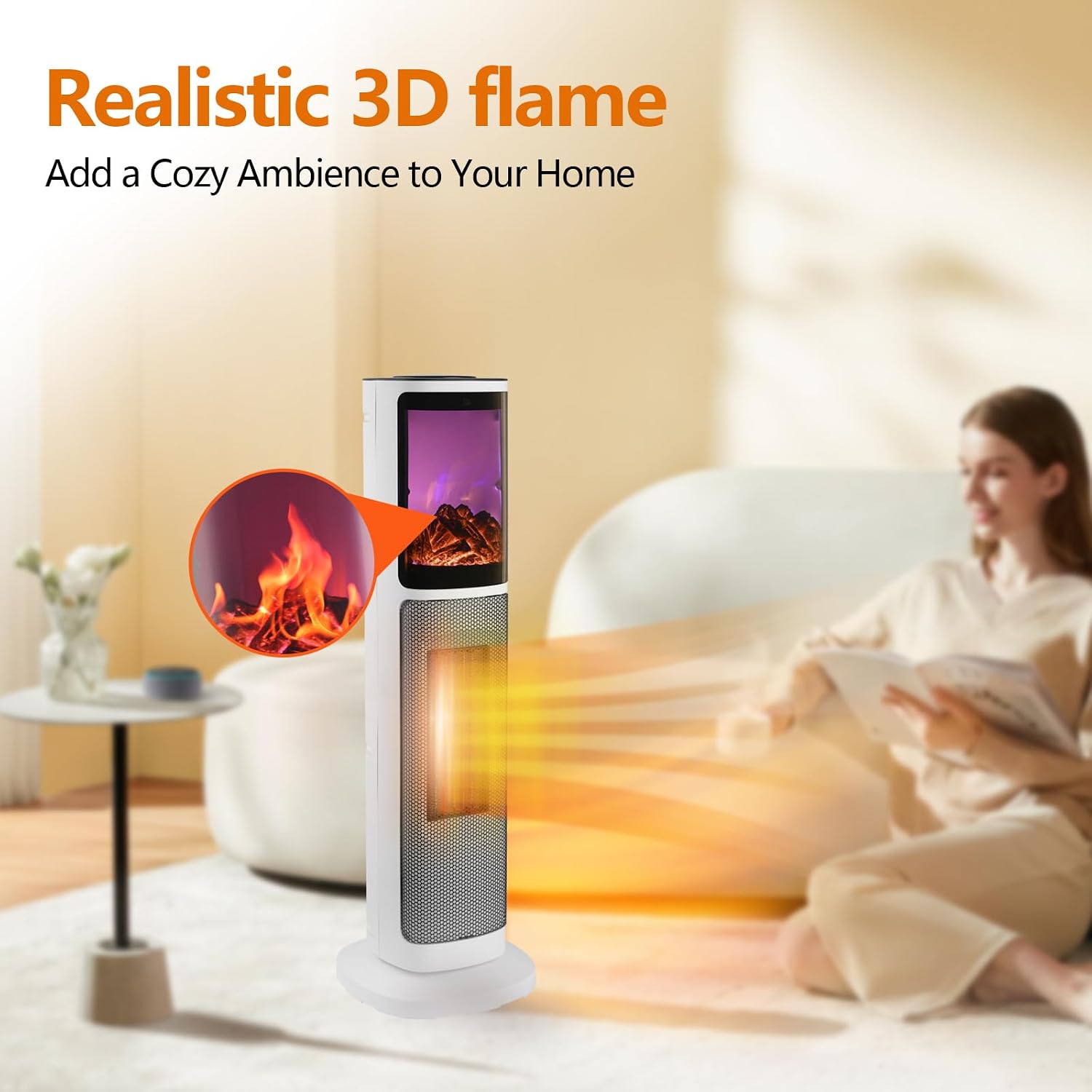 750W/1500W Ceramic Tower Space Heater with 3D Flame, Electric Heater with 65° Oscillation, Adjustable Thermostat and
