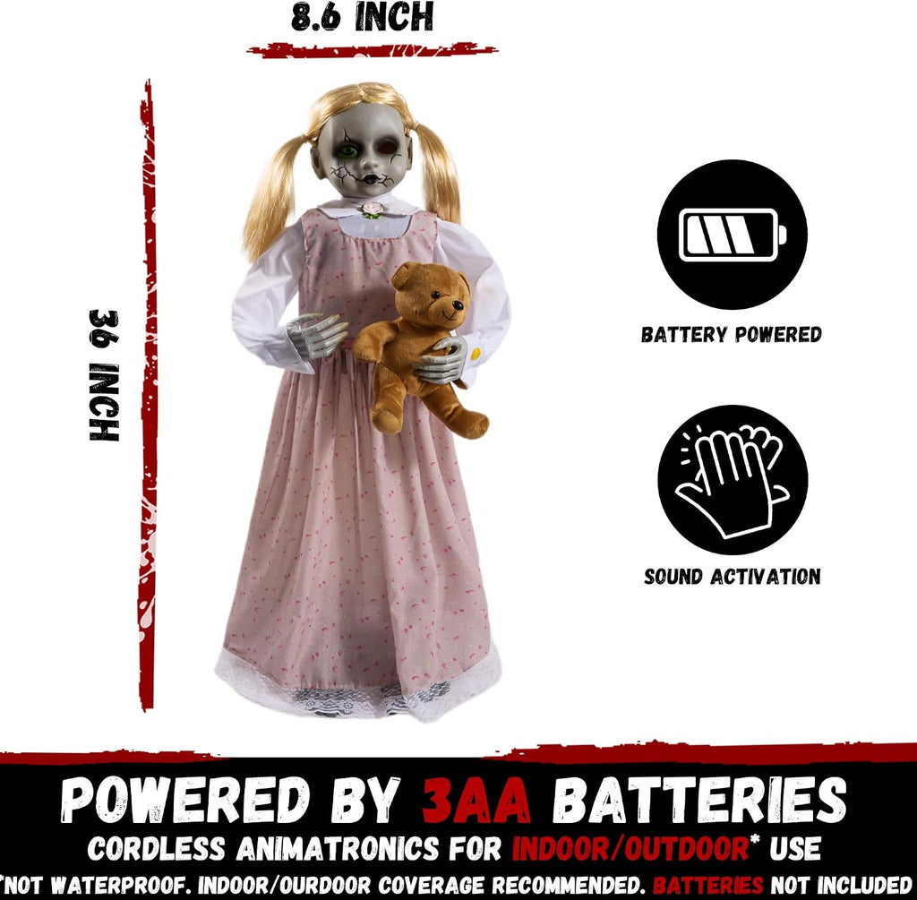 Halloween Animatronics 36inch Doll, 3ft Animated Decorations with Sound Activated, Creepy Sound, Light Up Eyes, Scary