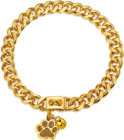 15MM/10 Inch Gold 18K Gold Chain Dog Collar with Built-in Bell and Tag for Small, Medium, Large Dogs
