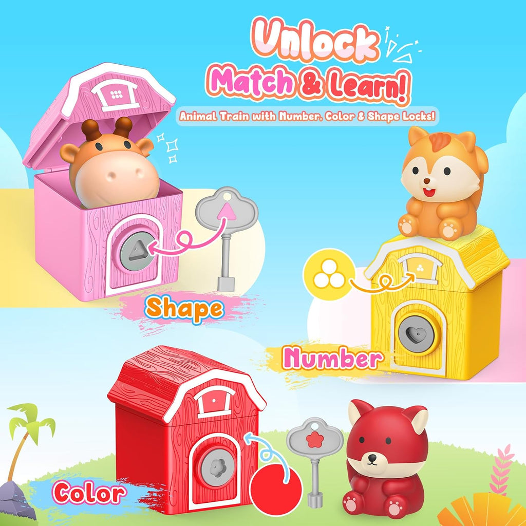 Animal Montessori Learning Toys for 2 3 4 5 Year Old Kids, Toddler Animals Train Locks & Keys Matching Toys Counting