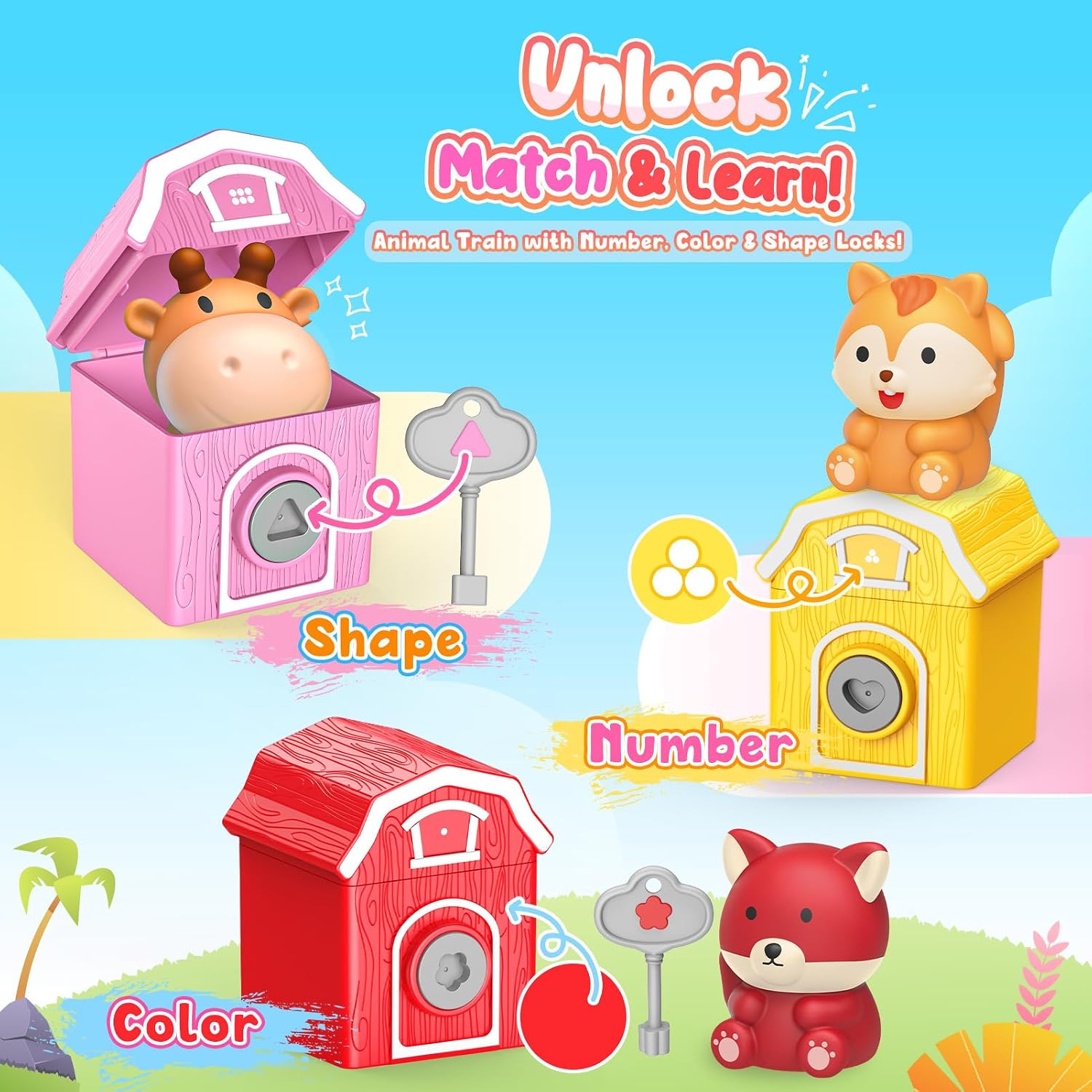 Animal Montessori Learning Toys for 2 3 4 5 Year Old Kids, Toddler Animals Train Locks & Keys Matching Toys Counting