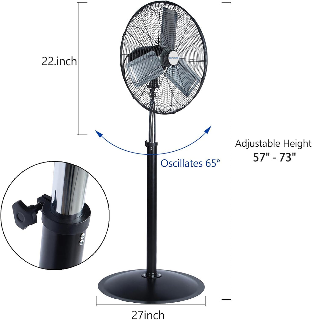 6450 CFM 24" High Velocity Pedestal Oscillating Fan, 3-Speed Adjustable Height Industrial Floor Fan with Aluminum